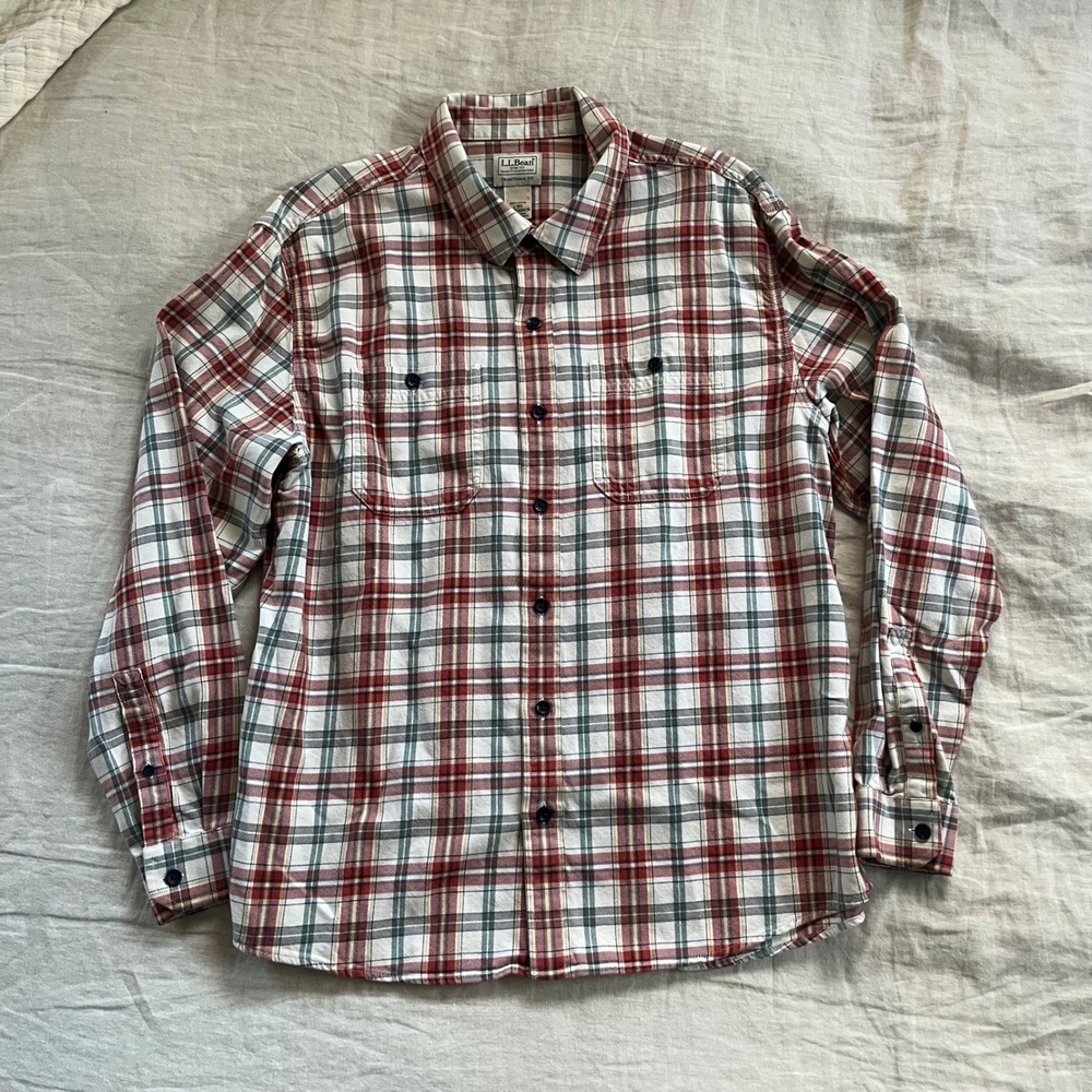 L.L. Bean Traditional Fit Flannel Shirt Mens Large Tan Green Orange Plaid